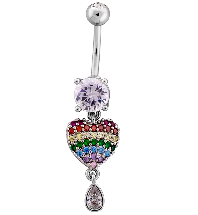 Rainbow Heart Teardrop CZ Dangle Stainless Steel Belly Button Ring - Mrs Treak