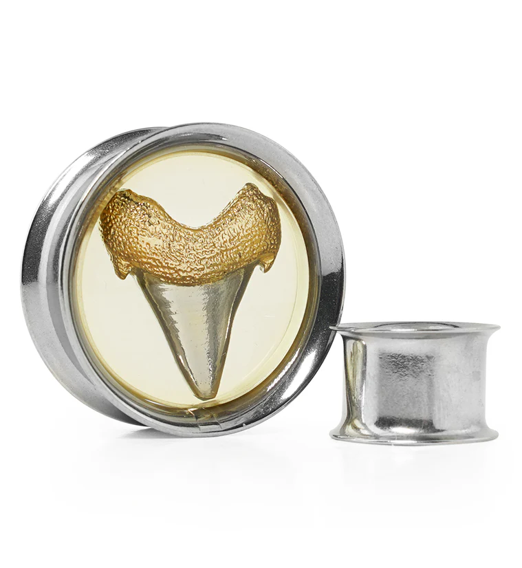 Bronzed Shark Tooth Stainless Steel Tunnel Plugs - Mrs Treak