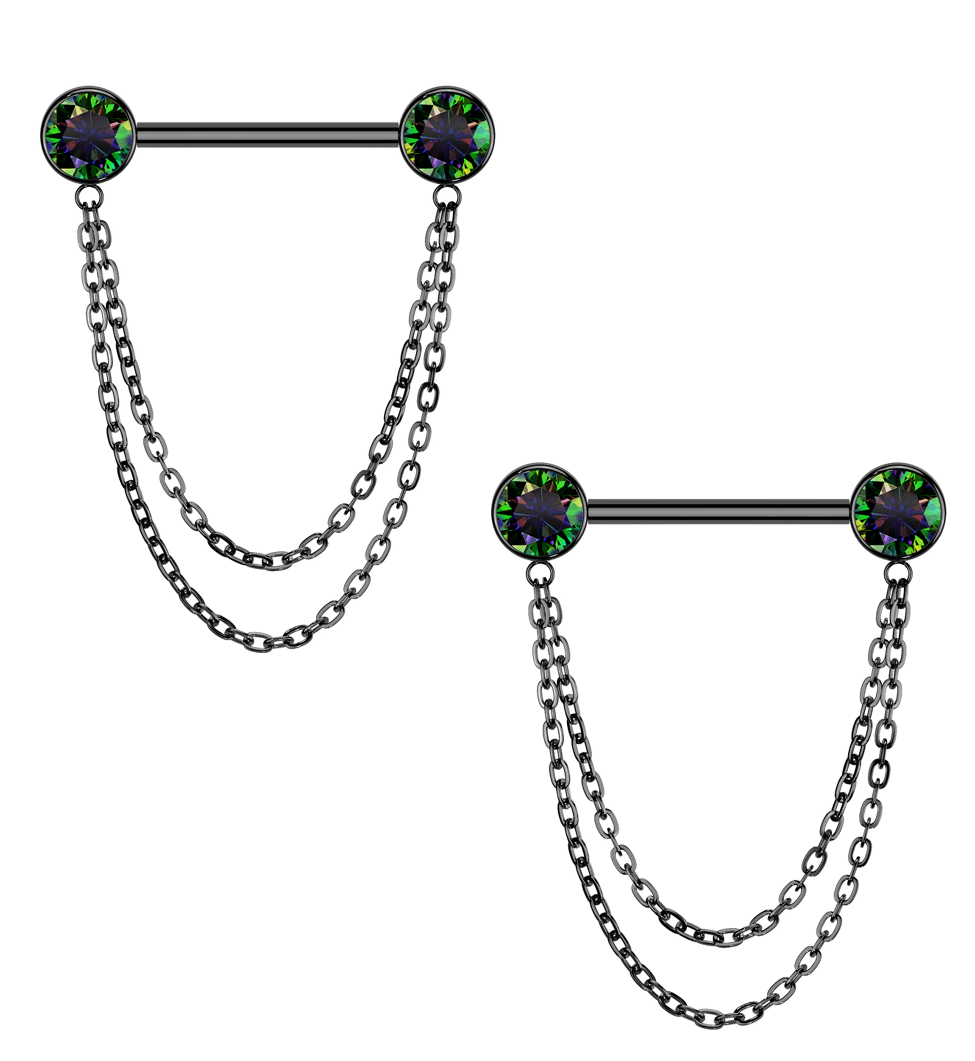 Black PVD Front Facing Black Aurora CZ Double Dangle Threadless Titanium Nipple Barbell - Mrs Treak