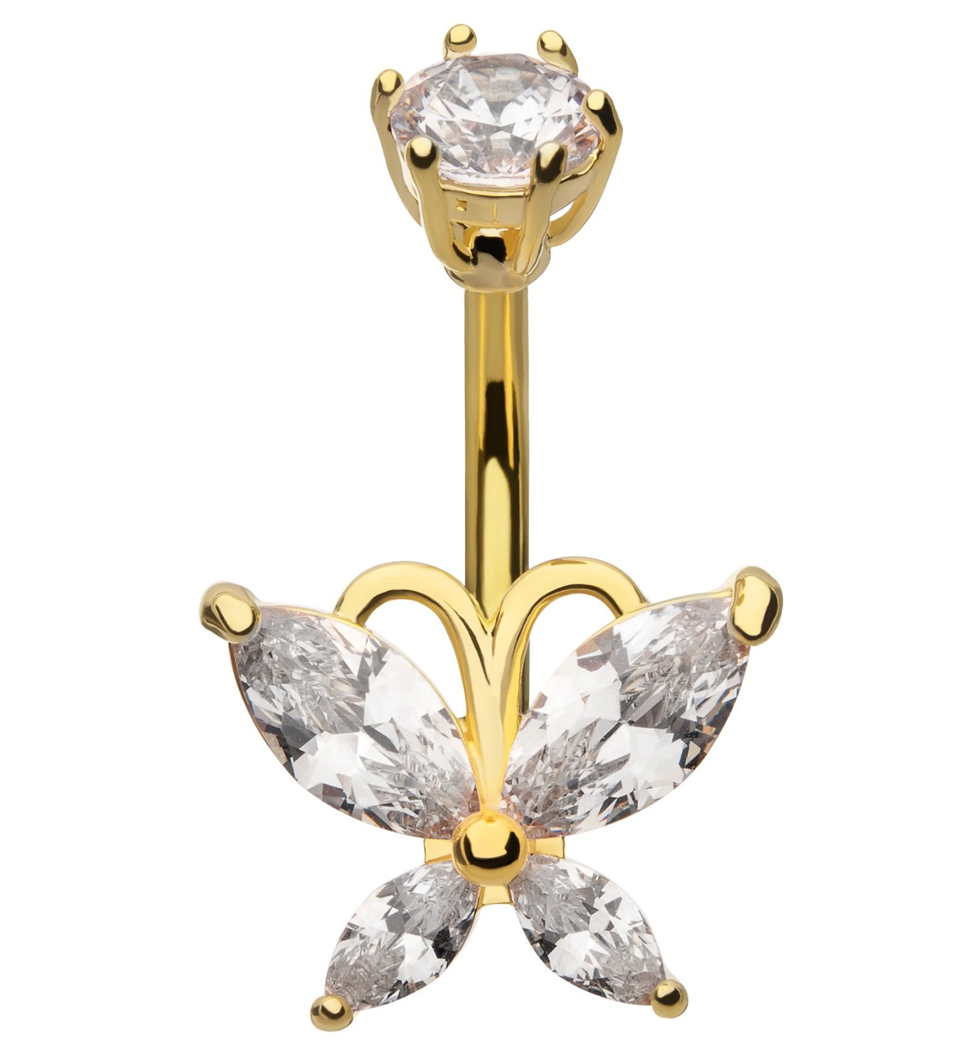 Gold PVD Marquise Butterfly Clear CZ Stainless Steel Belly Button Ring - Mrs Treak