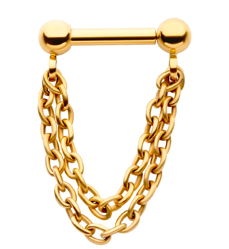 24kt Gold PVD Double Dangle Chain Threadless Titanium Barbells - Mrs Treak