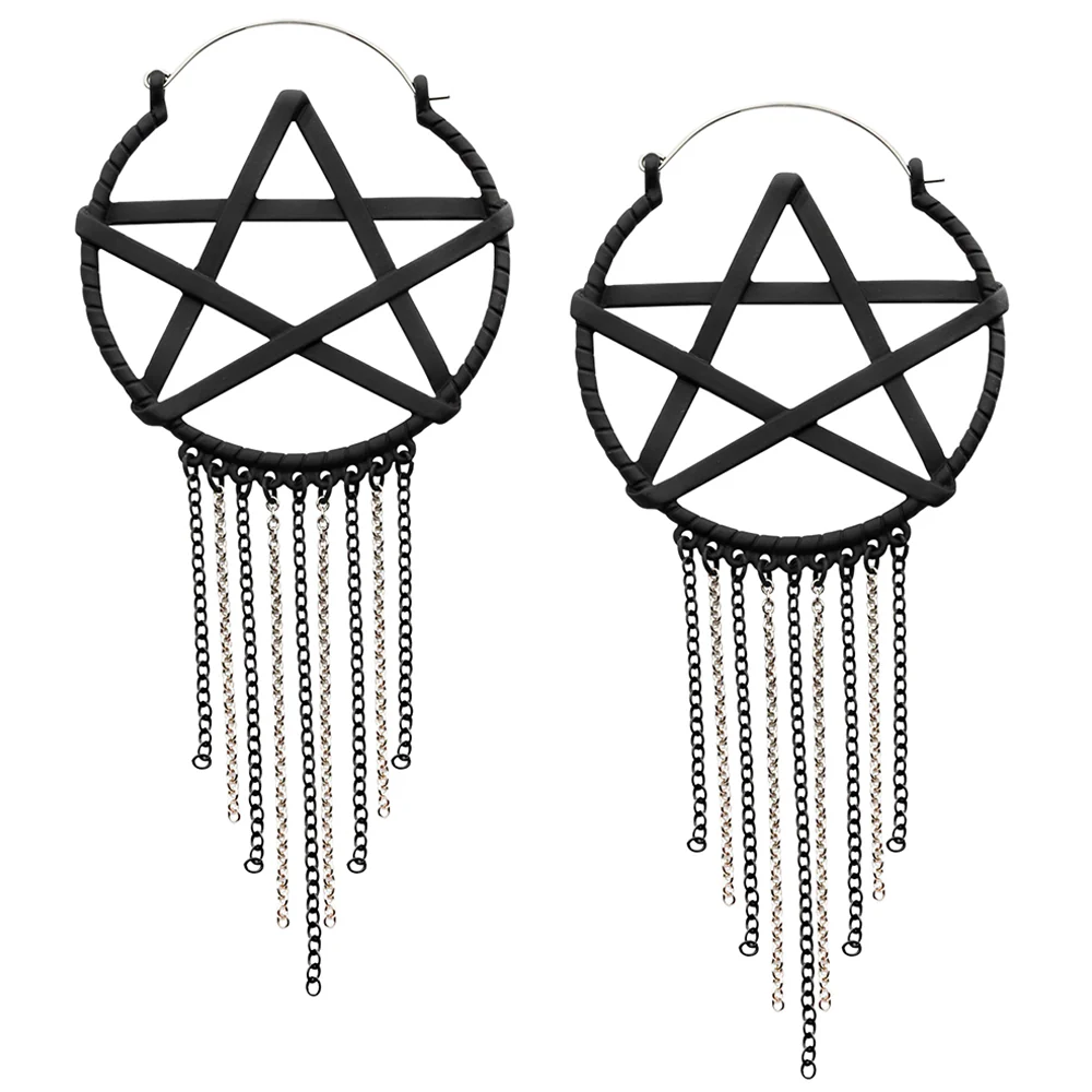 Black Pentagram Dangle Chain Stainless Steel Plug Hoops - Mrs Treak