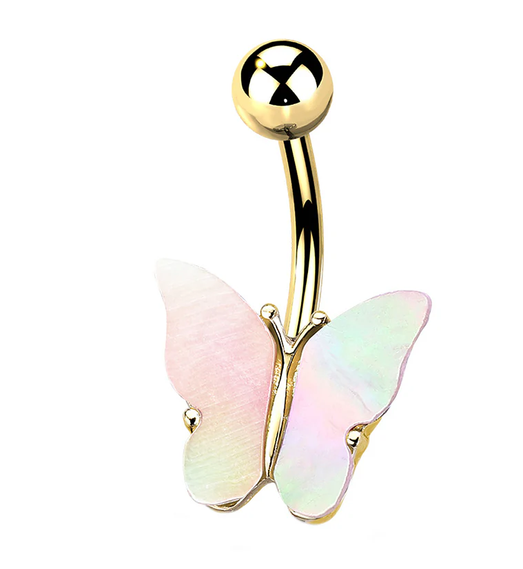 Gold PVD Butterfly MOP Shell Belly Button Ring - Mrs Treak