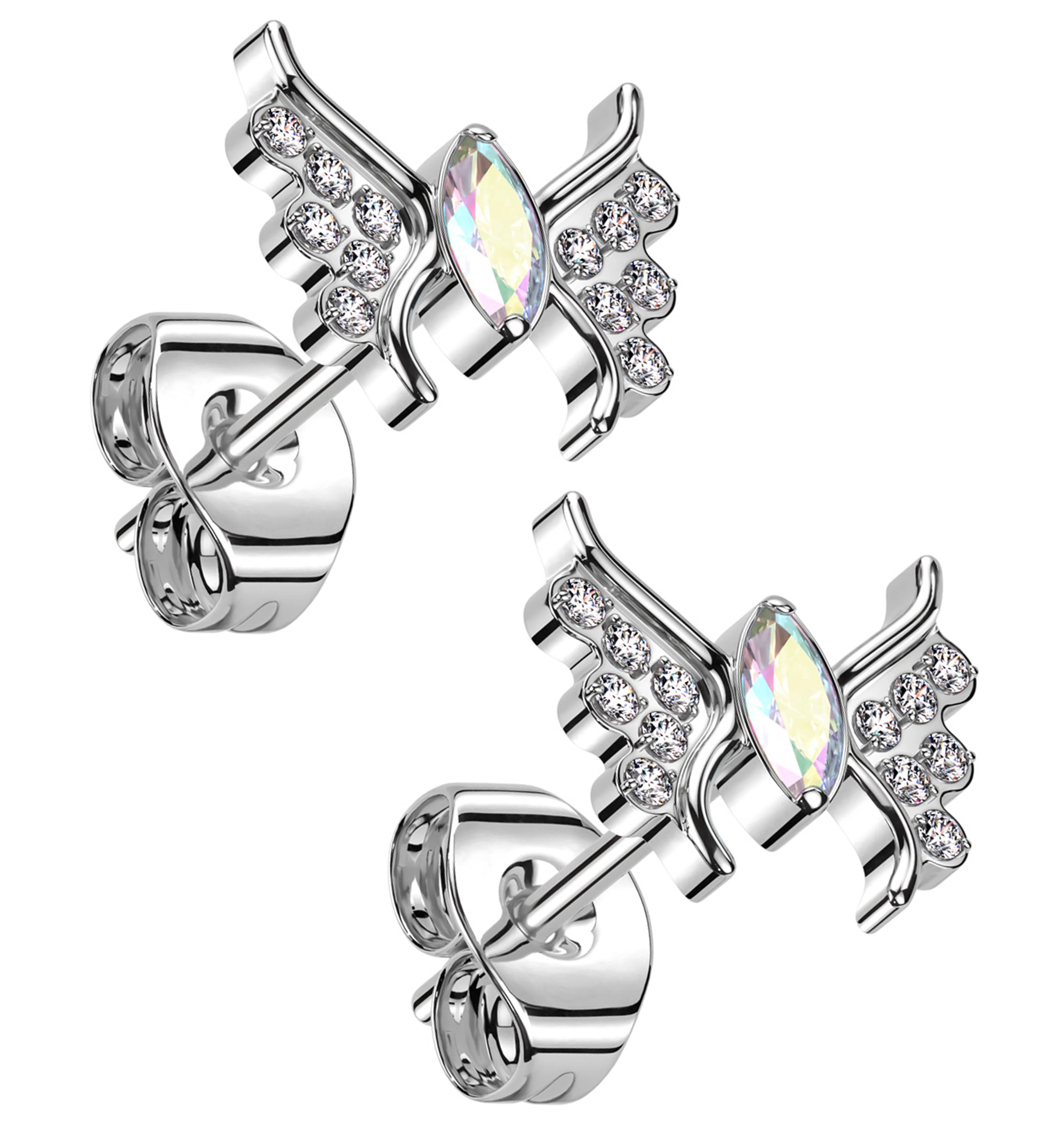 Wings Rainbow Aurora CZ Titanium Threadless Stud Earrings - Mrs Treak