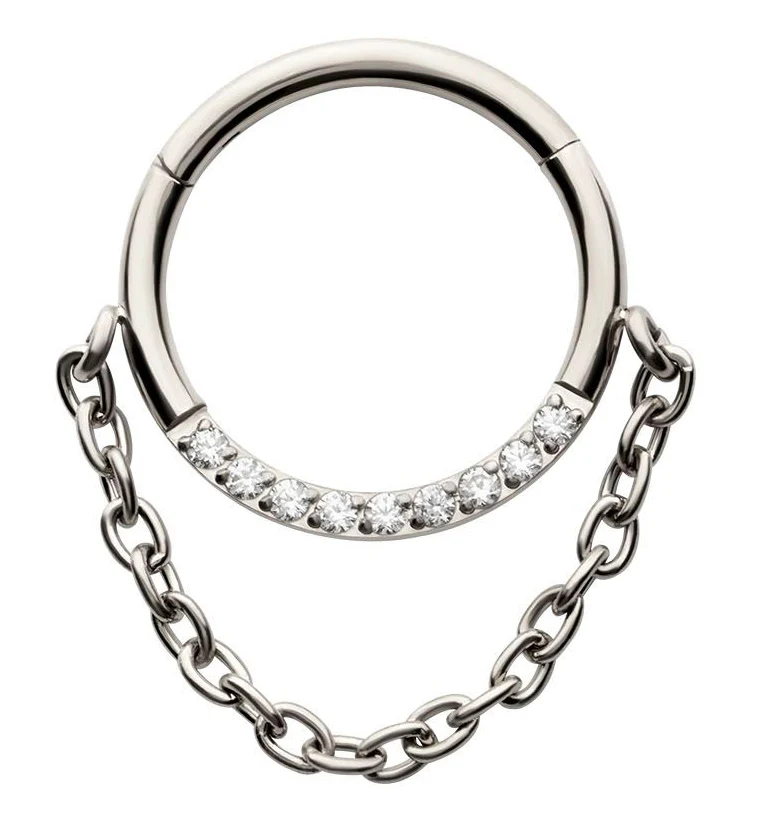 Pave Clear CZ Dangle Chain Stainless Steel Hinged Segment Ring - Mrs Treak