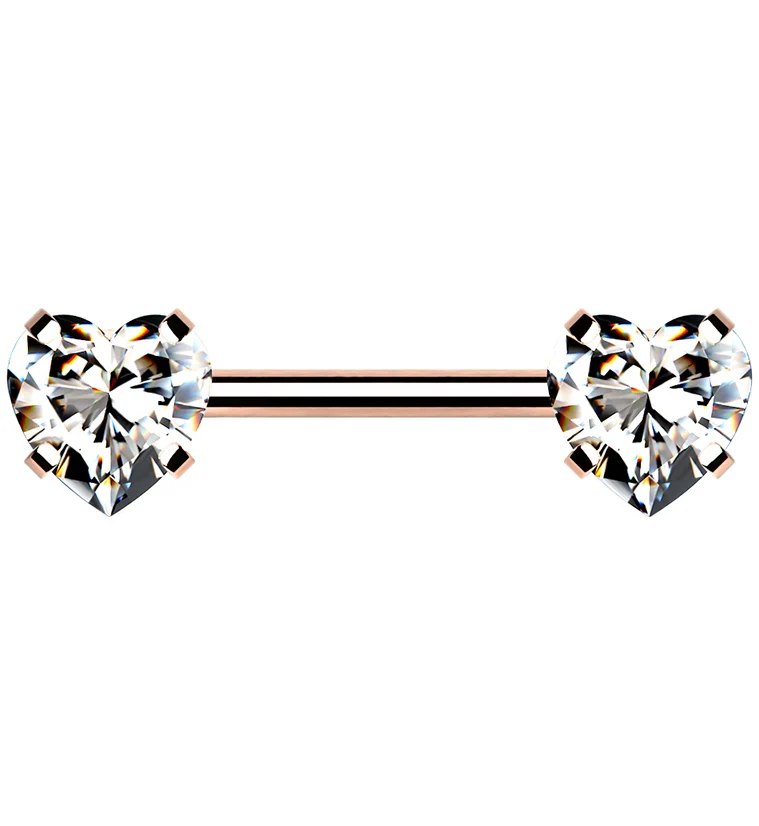 Rose Gold PVD Stainless Steel Double Heart CZ Threadless Barbell - Mrs Treak