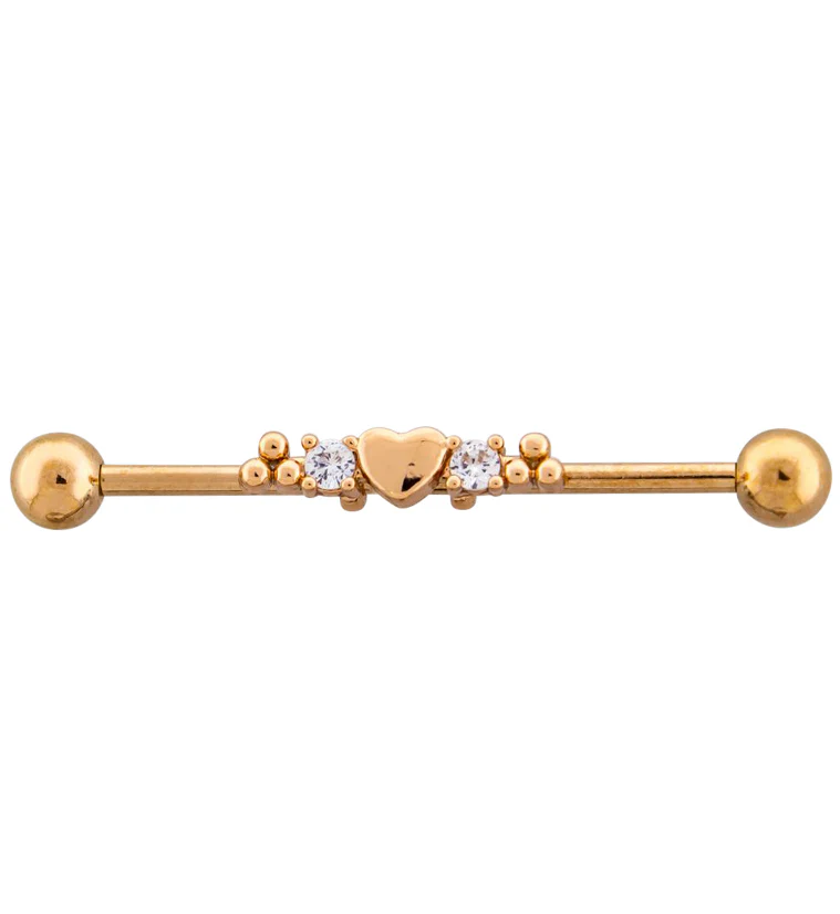 Rose Gold PVD Beaded Heart CZ Industrial Barbell - Mrs Treak