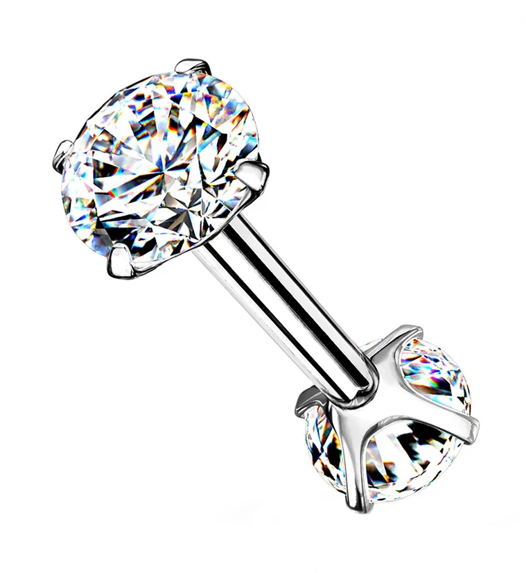Clear Double Round CZ Prong Set Stainless Steel Barbell - Mrs Treak