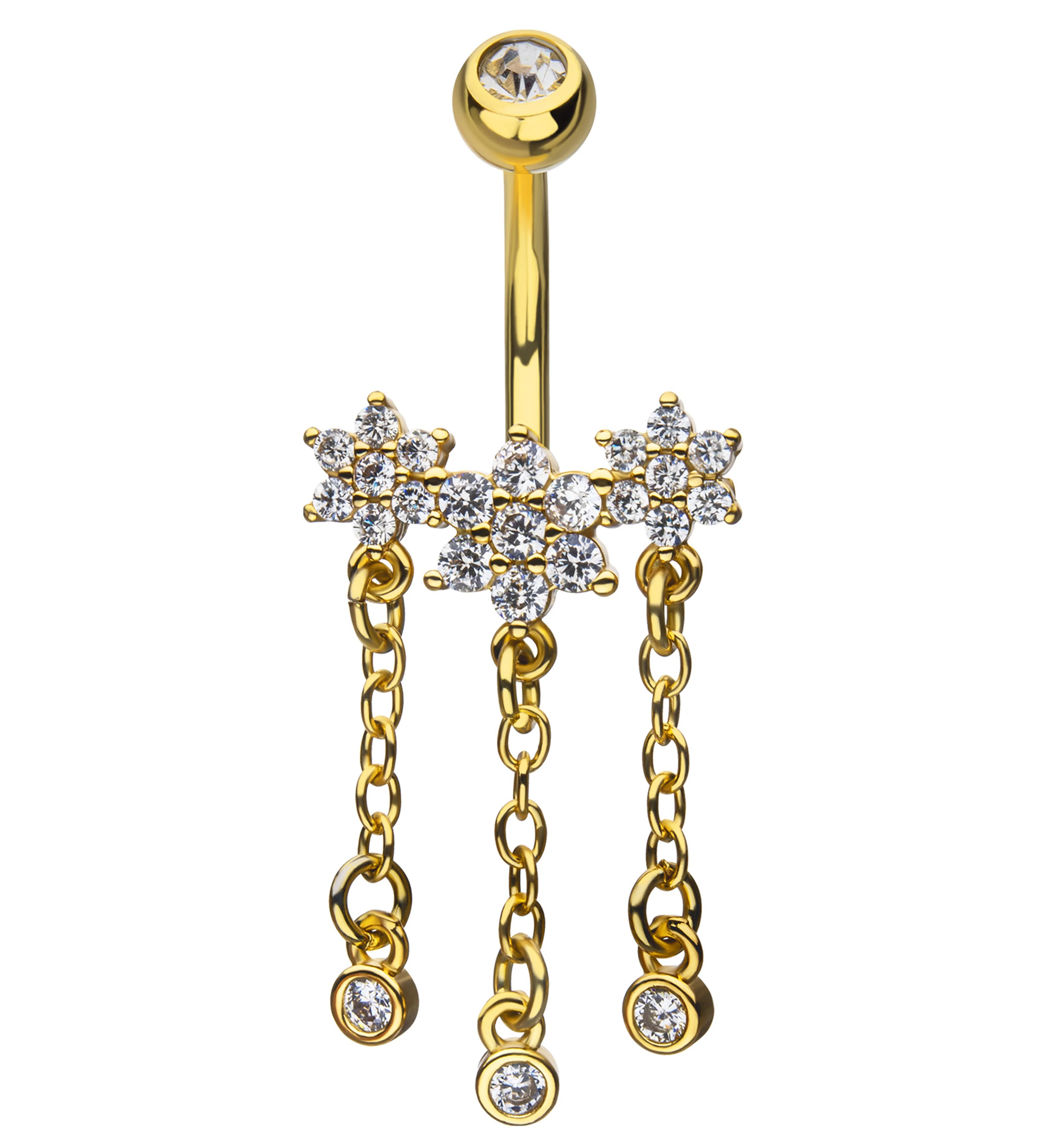 Gold PVD Flower Trio Clear CZ Dangle Stainless Steel Belly Button Ring - Mrs Treak