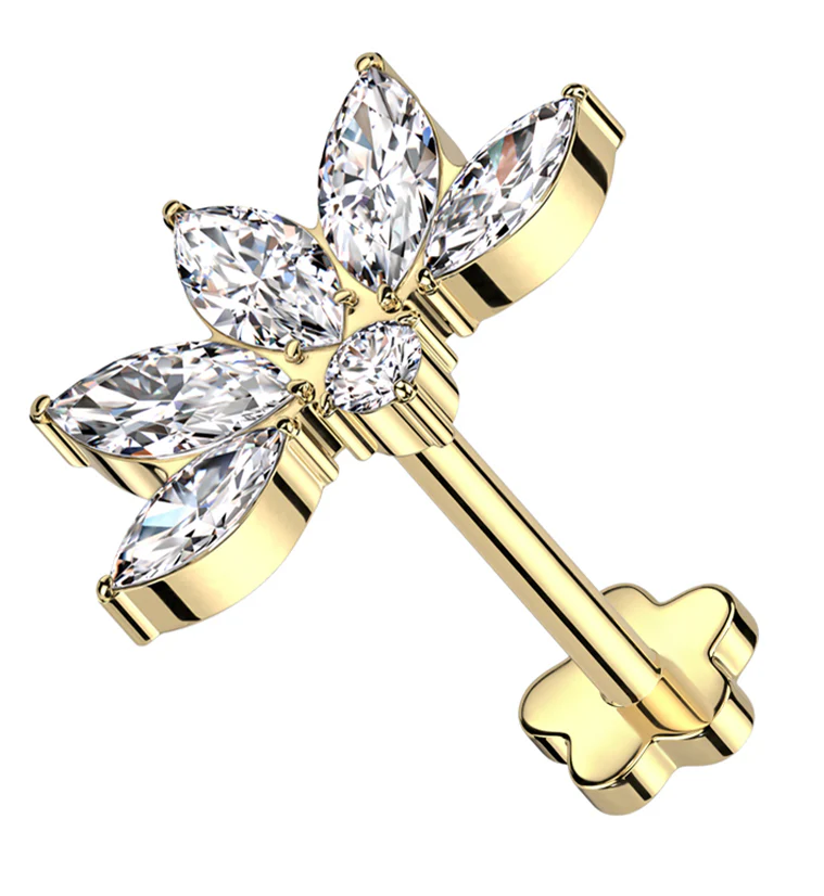 Gold PVD Lotus Flower Clear CZ Threadless Titanium Flower Back Labret - Mrs Treak