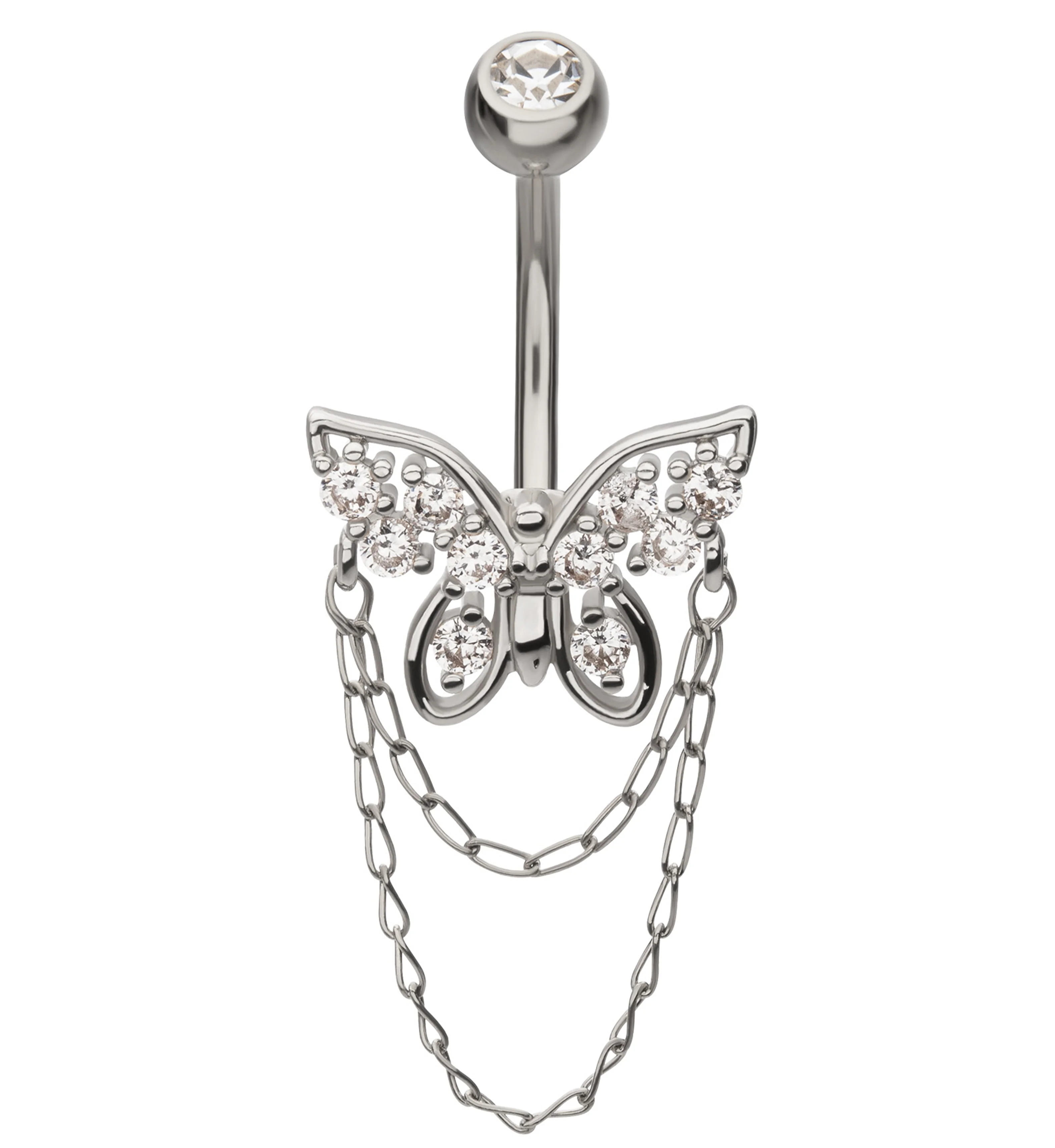 Butterfly Double Chain Clear CZ Dangle Stainless Steel Belly Button Ring - Mrs Treak