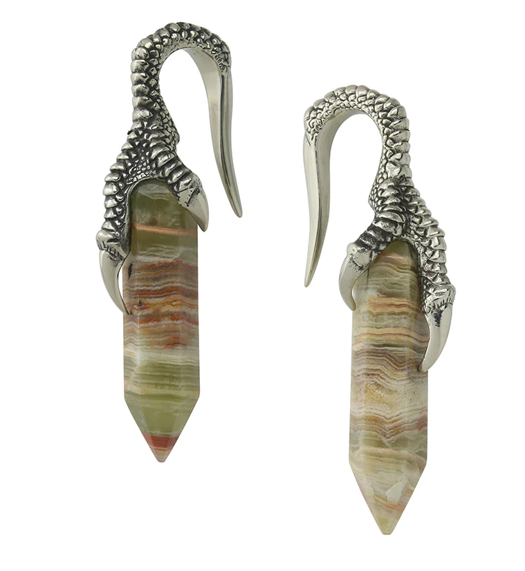 Green Onyx Stone Raven Claw White Brass Ear Weights - Mrs Treak