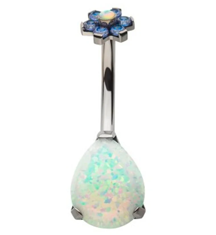 White Opalite Teardrop Tanzanite CZ Flower Titanium Belly Button Ring - Mrs Treak