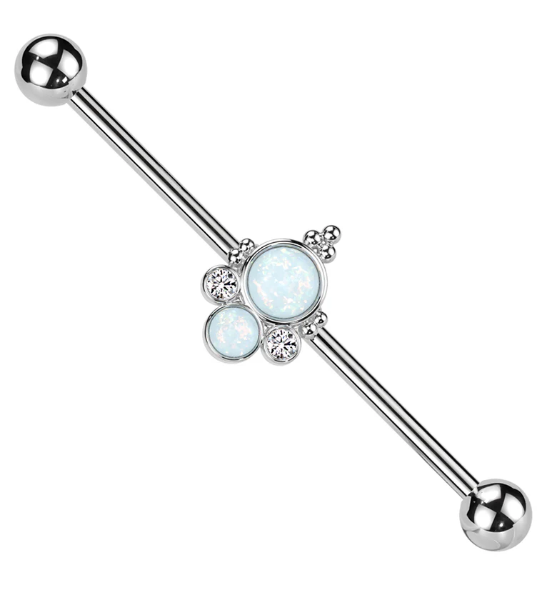 Beaded Double White Opalite Stainless Steel Industrial Barbell - Mrs Treak
