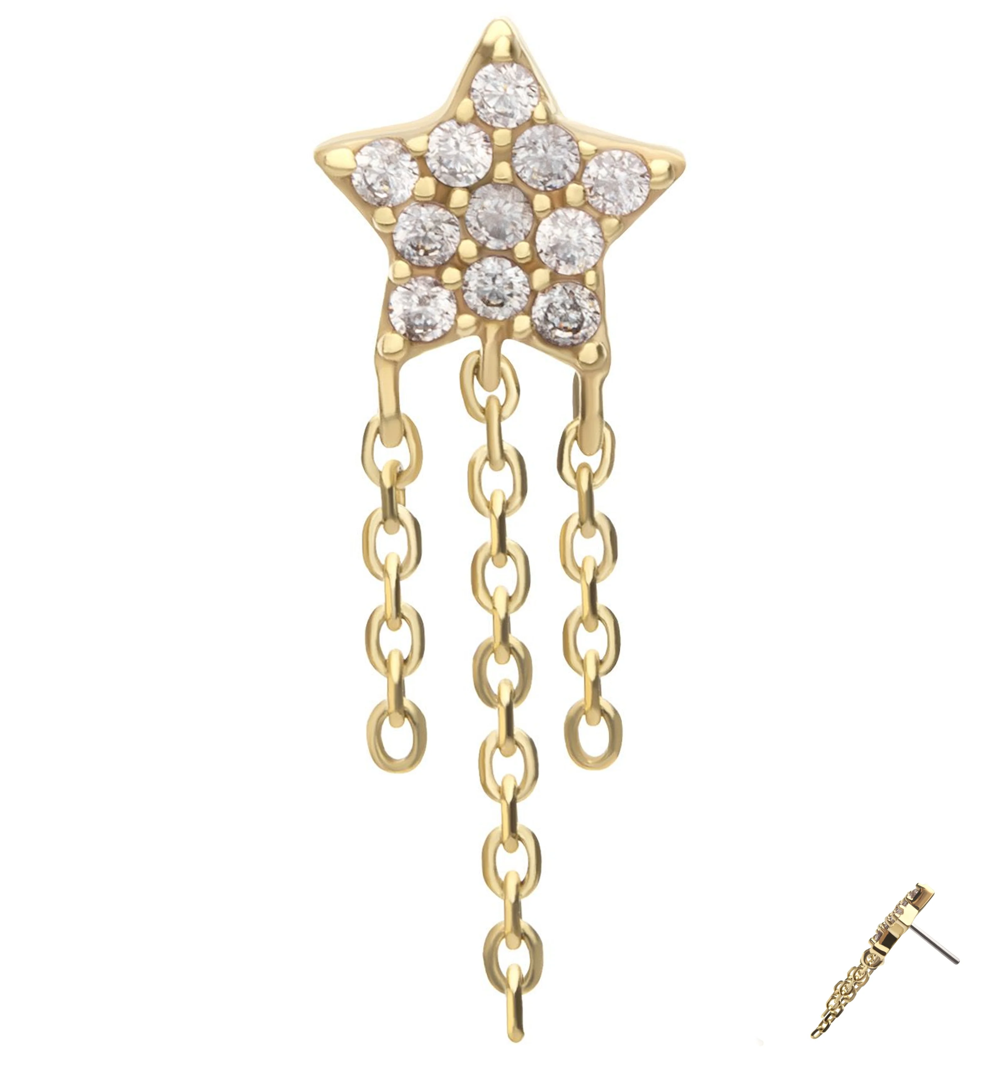 14kt Gold Star Clear CZ Triple Dangle Threadless Top - Mrs Treak