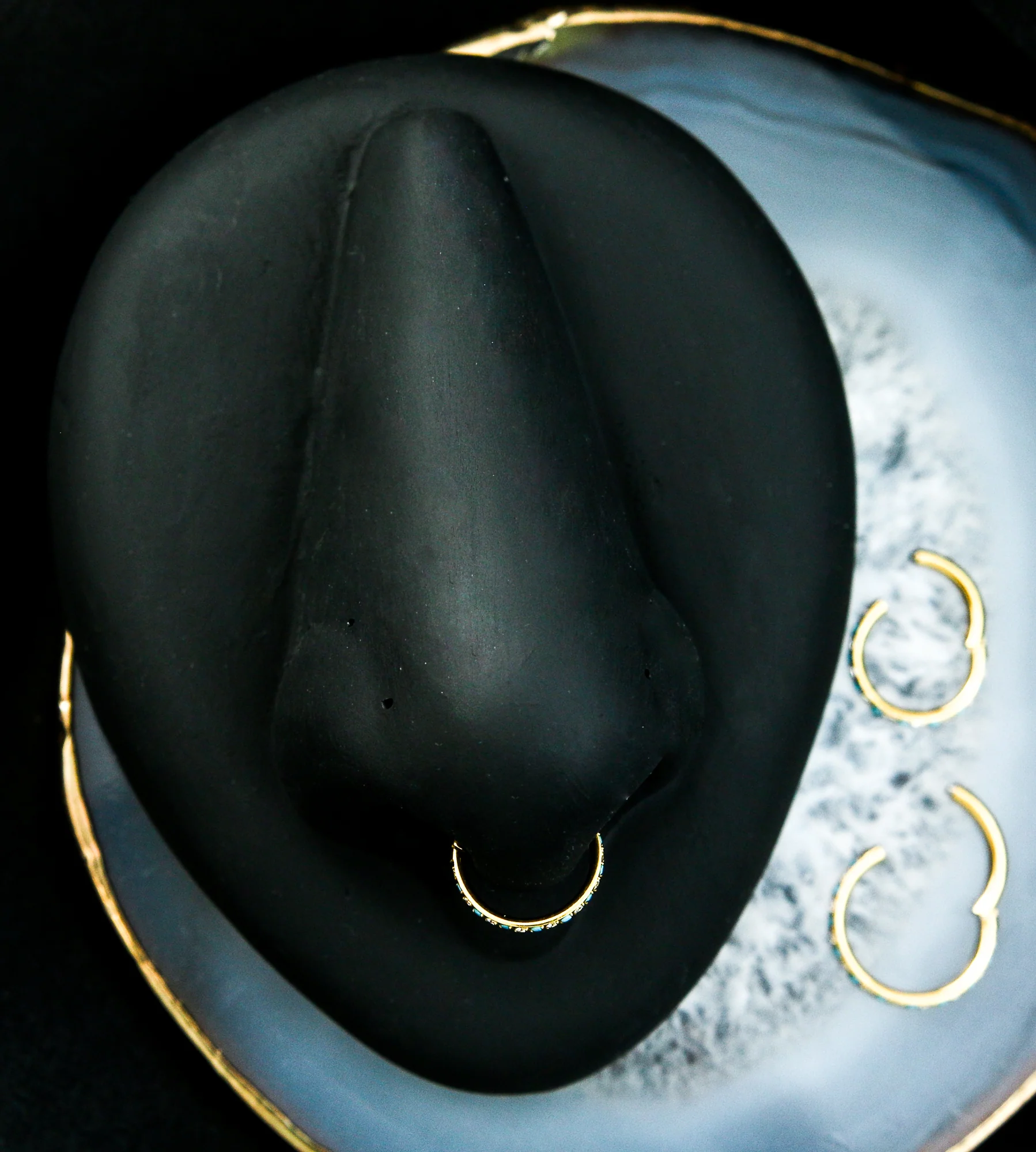 Gold PVD Side Facing Clear CZ Turquoise Titanium Hinged Segment Ring - Mrs Treak