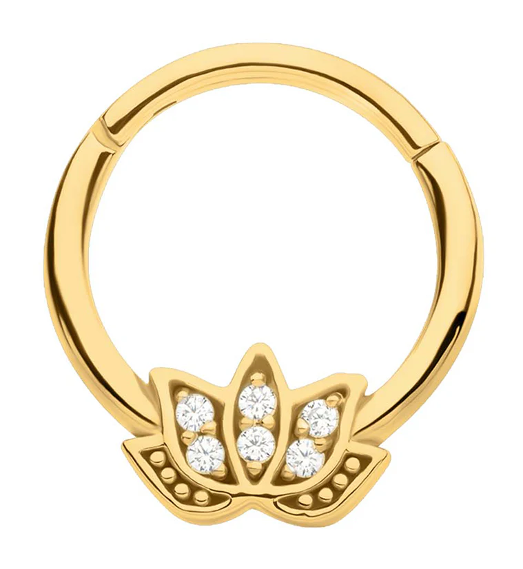 Gold PVD Lotus Flower Clear CZ Stainless Steel Hinged Segment Ring - Mrs Treak