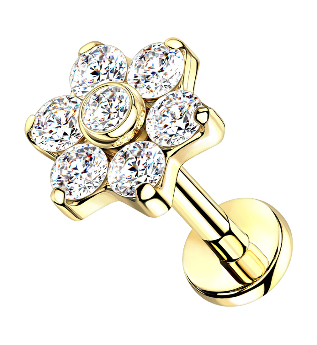 Gold PVD CZ Flower Titanium Labret Post - Mrs Treak