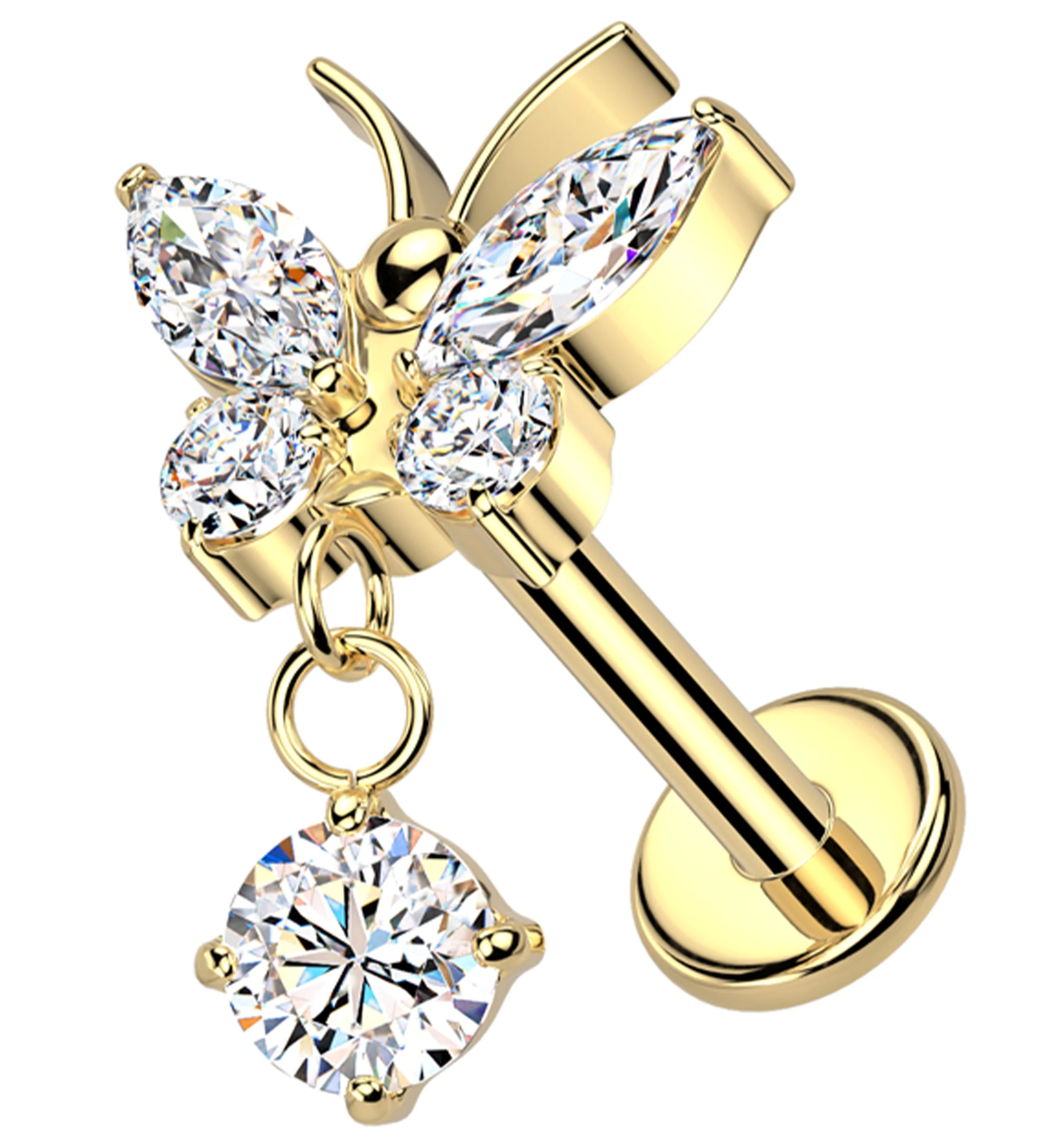 Gold PVD Butterfly Clear CZ Dangle Internally Threaded Titanium Labret - Mrs Treak