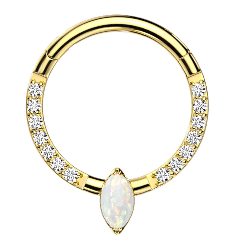 Gold PVD Bauble White Opalite Clear CZ Titanium Hinged Segment Ring - Mrs Treak