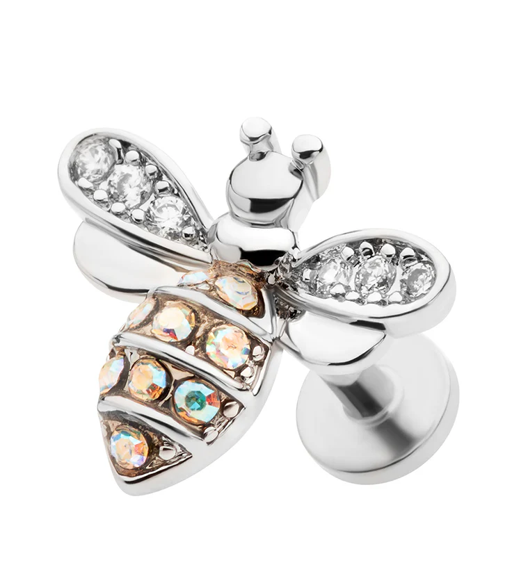 Bee Rainbow Aurora CZ Stainless Steel Threadless Labret - Mrs Treak