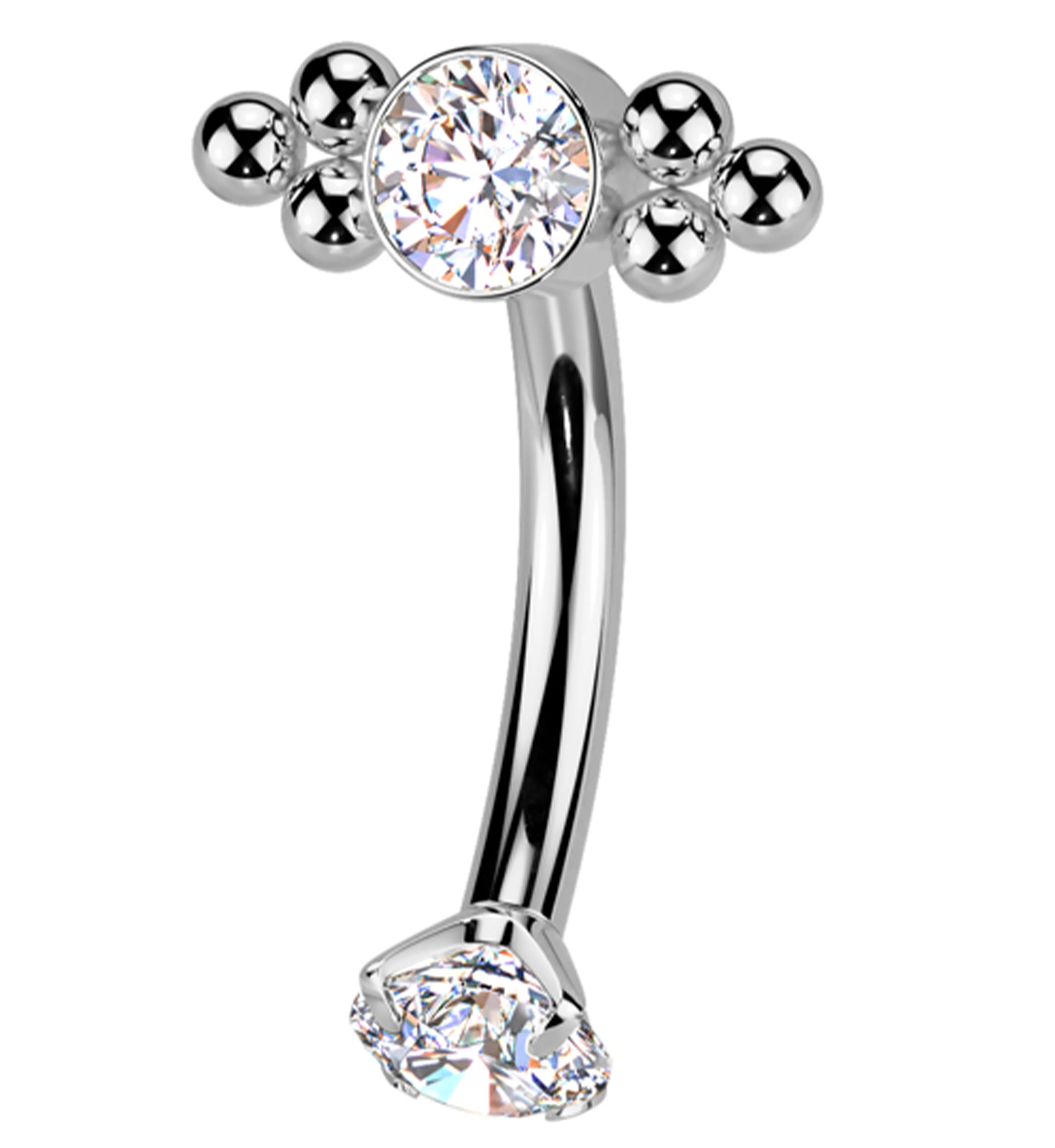 Beaded Bezel CZ Top With Prong CZ Bottom Internally Threaded Titanium Curved Barbell - Mrs Treak