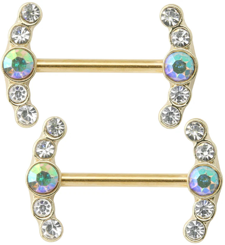 Gold PVD Enring Rainbow Aurora CZ Stainless Steel Nipple Barbell - Mrs Treak