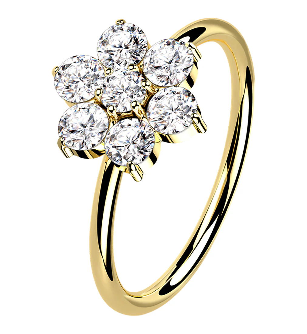 14kt Gold Clear CZ Gem Flower Hoop Ring - Mrs Treak