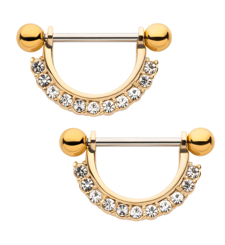 Gold PVD Clear CZ Row Nipple Ring Barbell - Mrs Treak