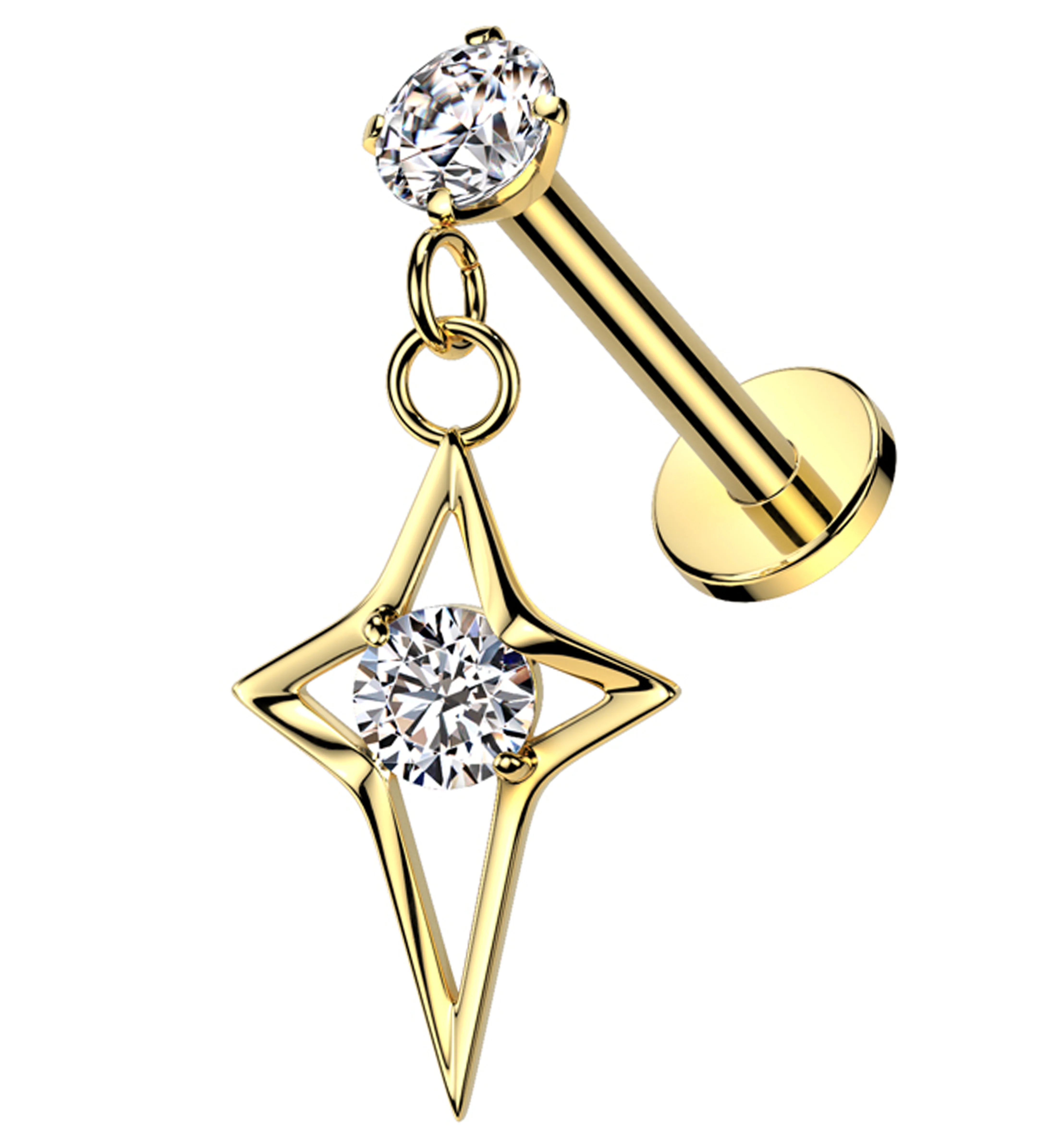 Gold PVD Four Point Star Dangle Clear CZ Internally Threaded Stainless Steel Labret - Mrs Treak