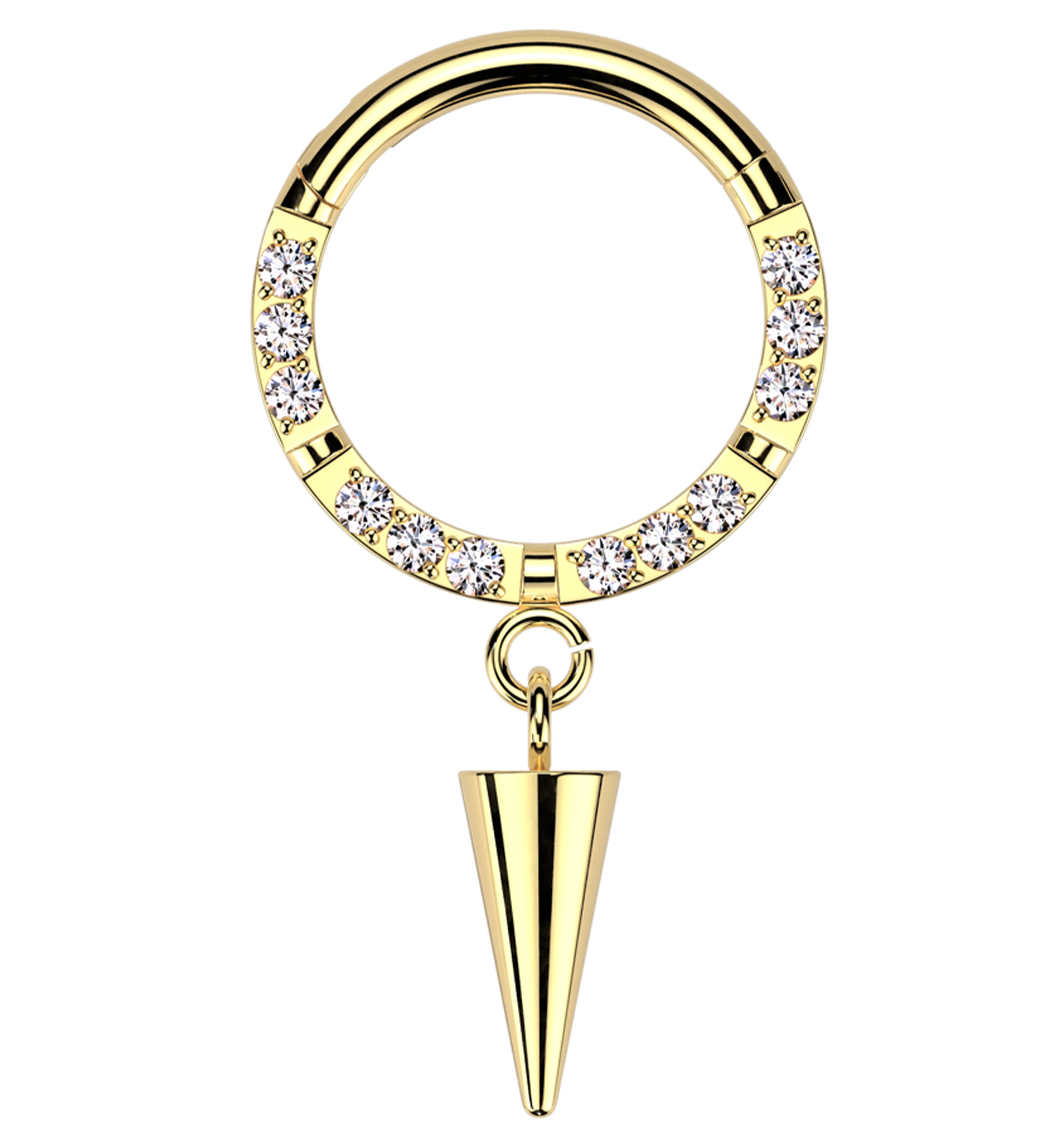Gold PVD Front Facing Cone Dangle Clear CZ Row Titanium Hinged Segment Ring - Mrs Treak