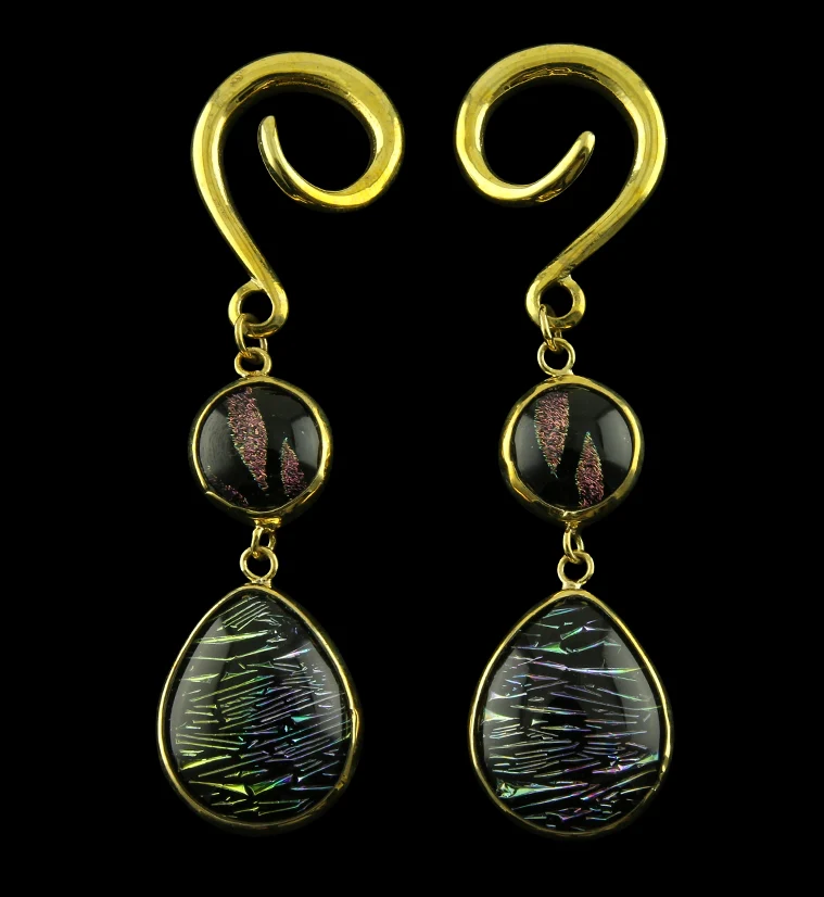 Jazzy Double Teardrop Dichroic Glass Brass Ear Weights - Mrs Treak