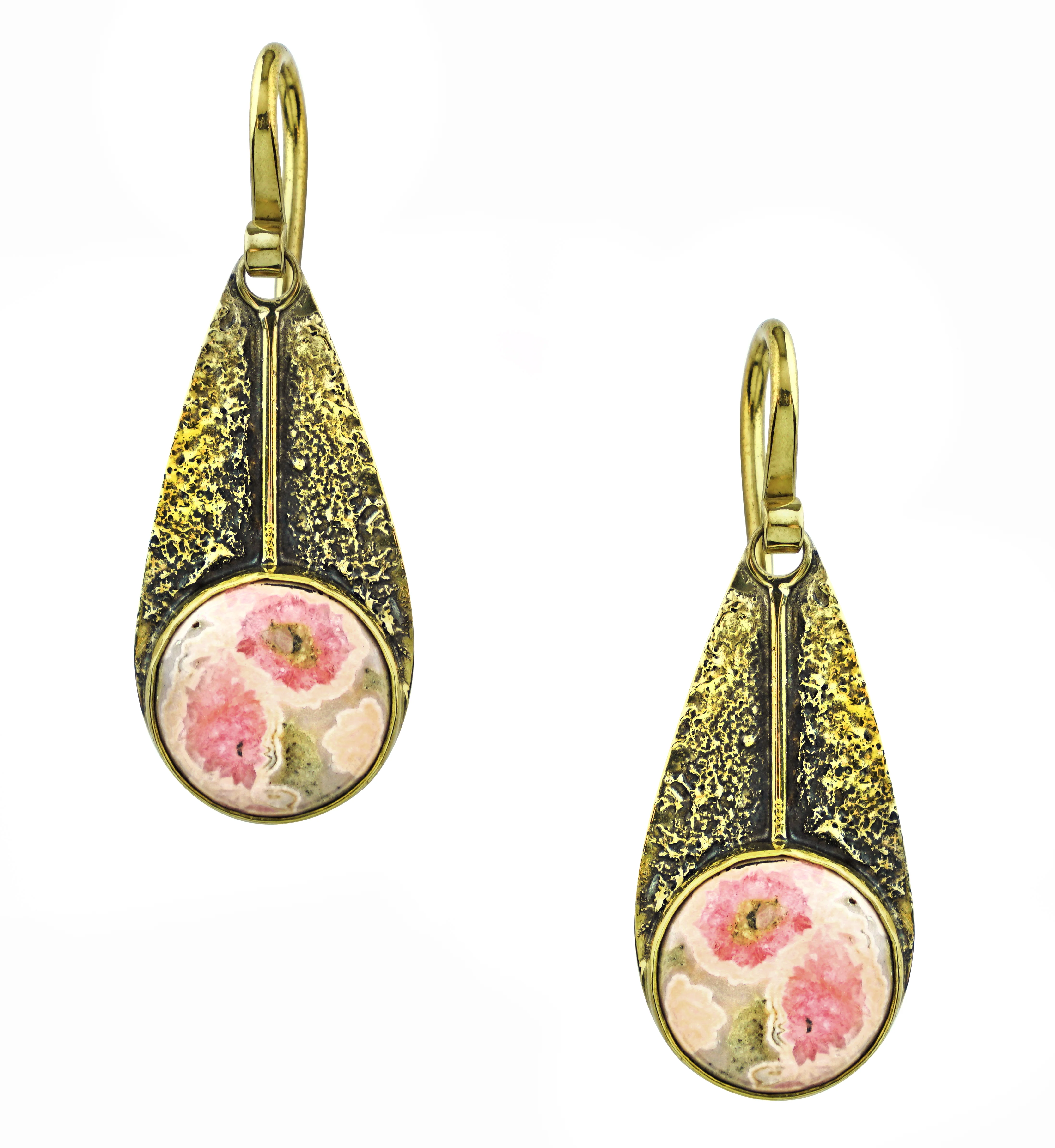 Scaled Dangle Rhodochrosite Stone Inlay Brass Earrings - Mrs Treak