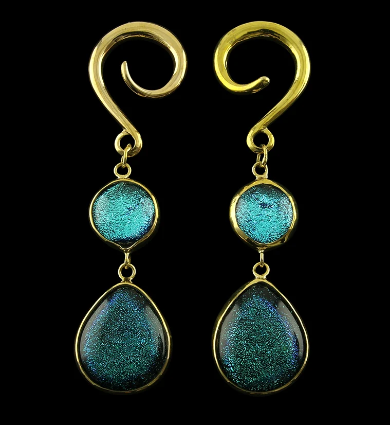 Aquamarine Glitter Double Teardrop Dichroic Glass Brass Ear Weights - Mrs Treak