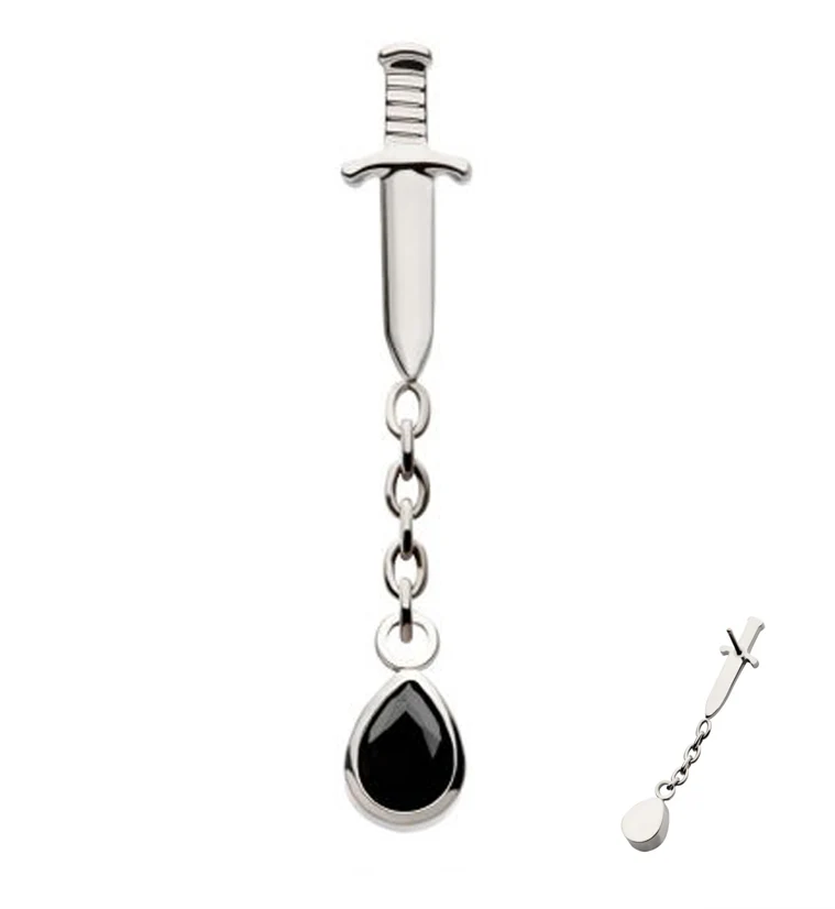 Dagger Dangle Chain Teardrop Black CZ Threadless Top - Mrs Treak