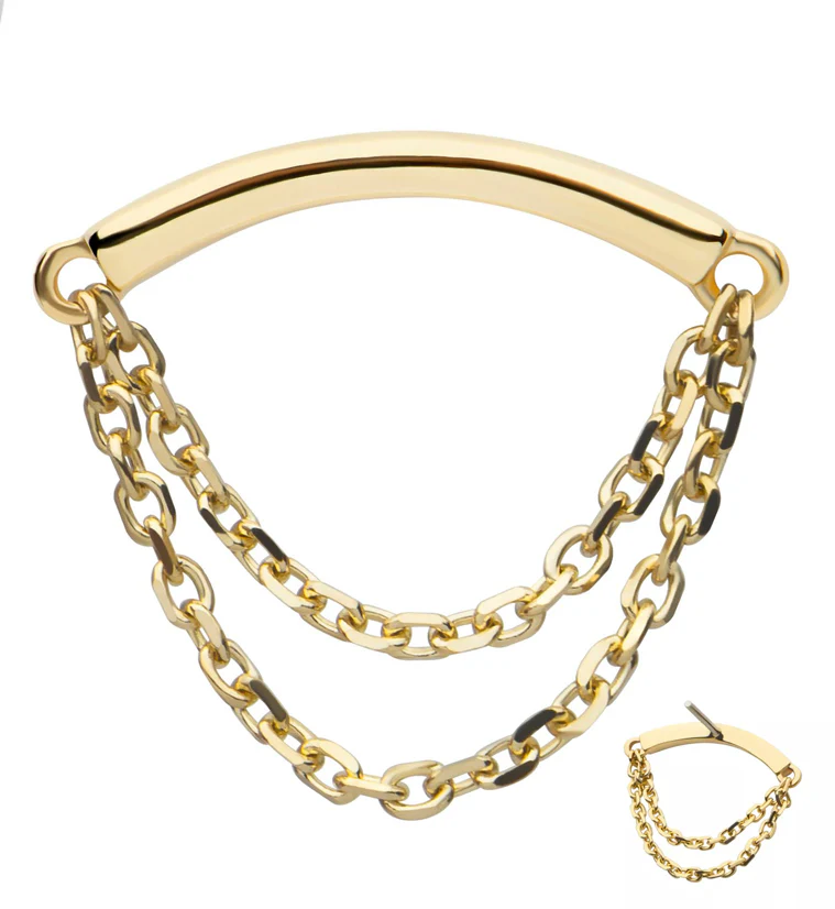14kt Gold Curve Bar Double Dangle Chain Threadless Top - Mrs Treak