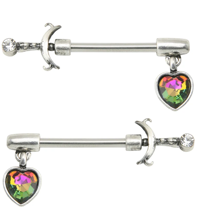 Arrow Dangle Black Aurora CZ Heart Stainless Steel Nipple Barbell - Mrs Treak