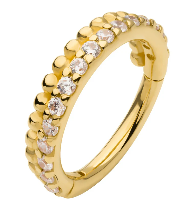 14kt Gold Clear CZ Beaded Hinged Segment Ring - Mrs Treak