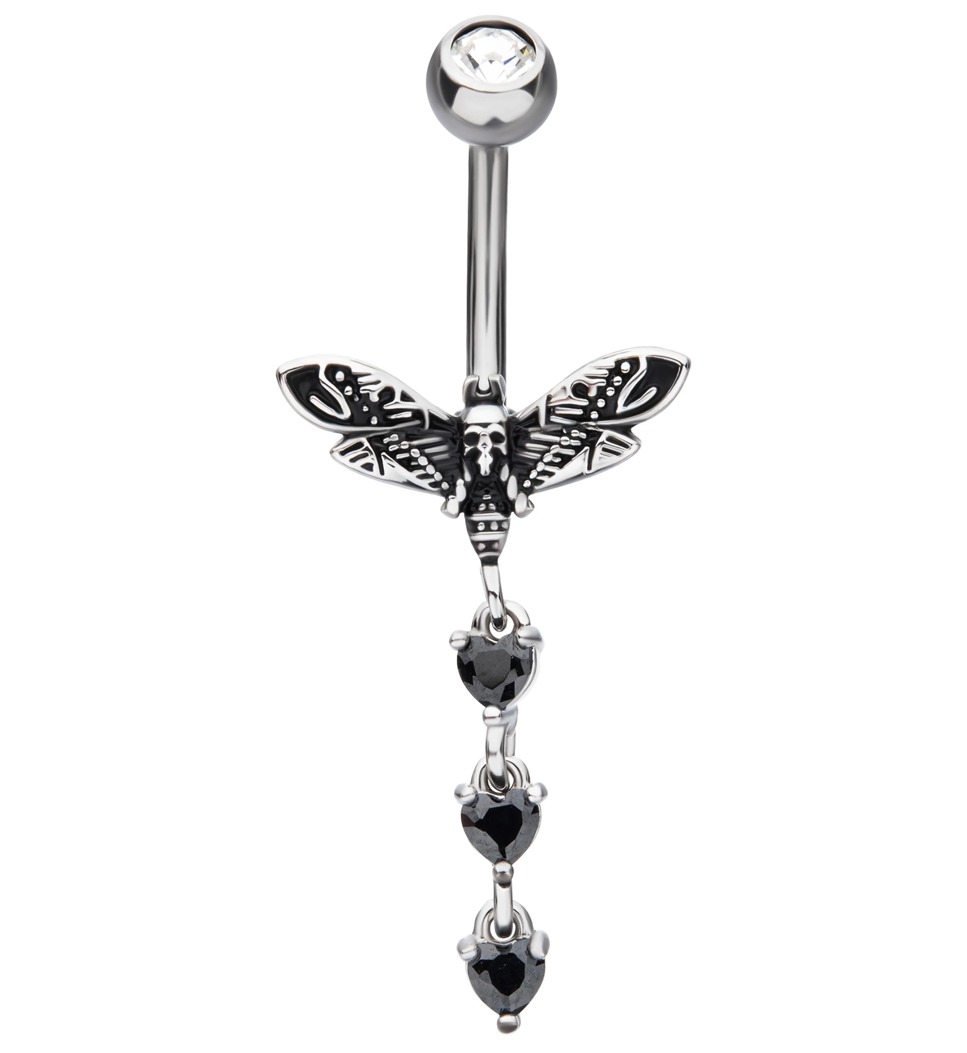 Love Death Moth Black CZ Dangle Stainless Steel Belly Button Ring - Mrs Treak