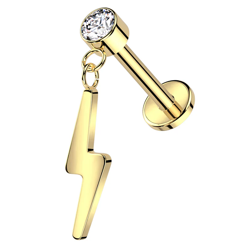 Gold PVD Electric Bolt Dangle Clear CZ Titanium Threadless Labret - Mrs Treak