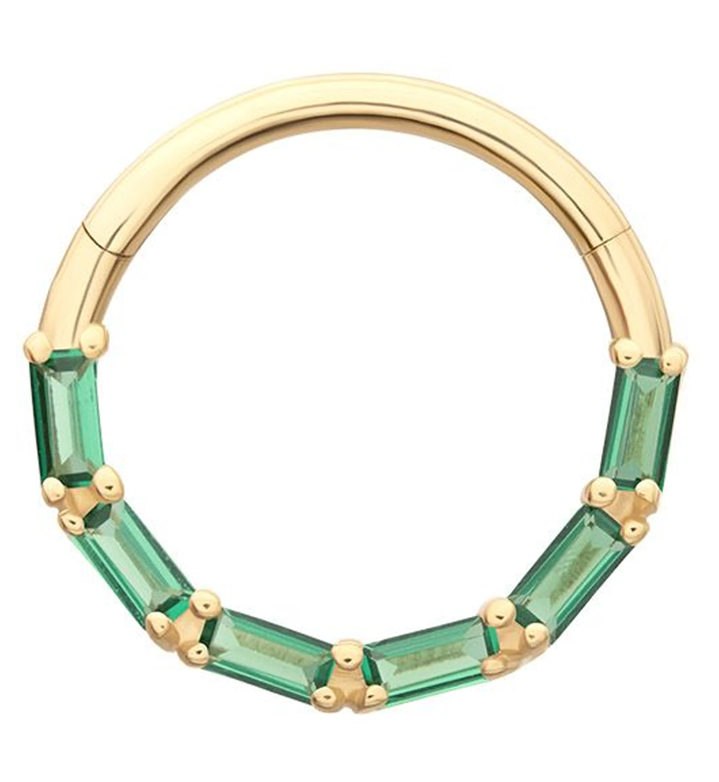 14kt Gold Baguette Row Emerald CZ Hinged Segment Ring - Mrs Treak