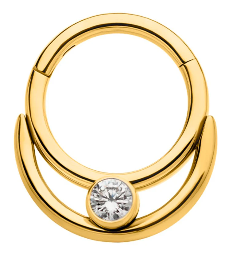 Gold PVD Double Hoop Bezel Clear CZ Stainless Steel Hinged Segment Ring - Mrs Treak