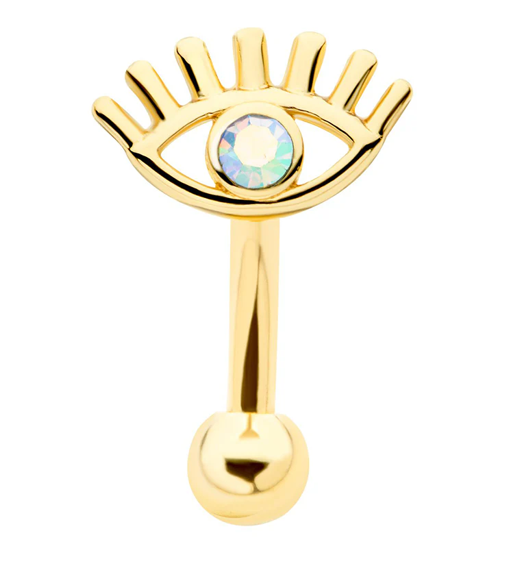 Gold PVD Evil Eye Rainbow Aurora CZ Curved Barbell - Mrs Treak