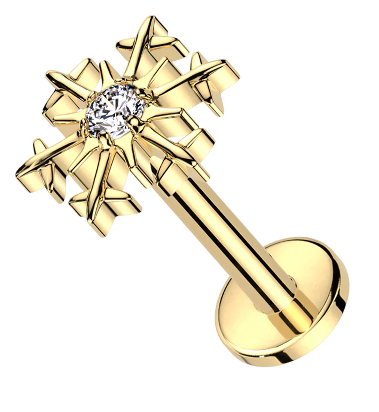 Gold PVD Snowflake Centered CZ Titanium Internally Threaded Labret - Mrs Treak