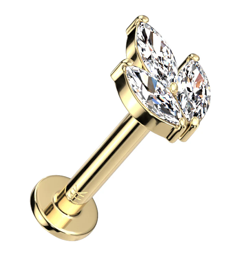 14kt Gold Tri Sepal CZ Threadless Labret - Mrs Treak