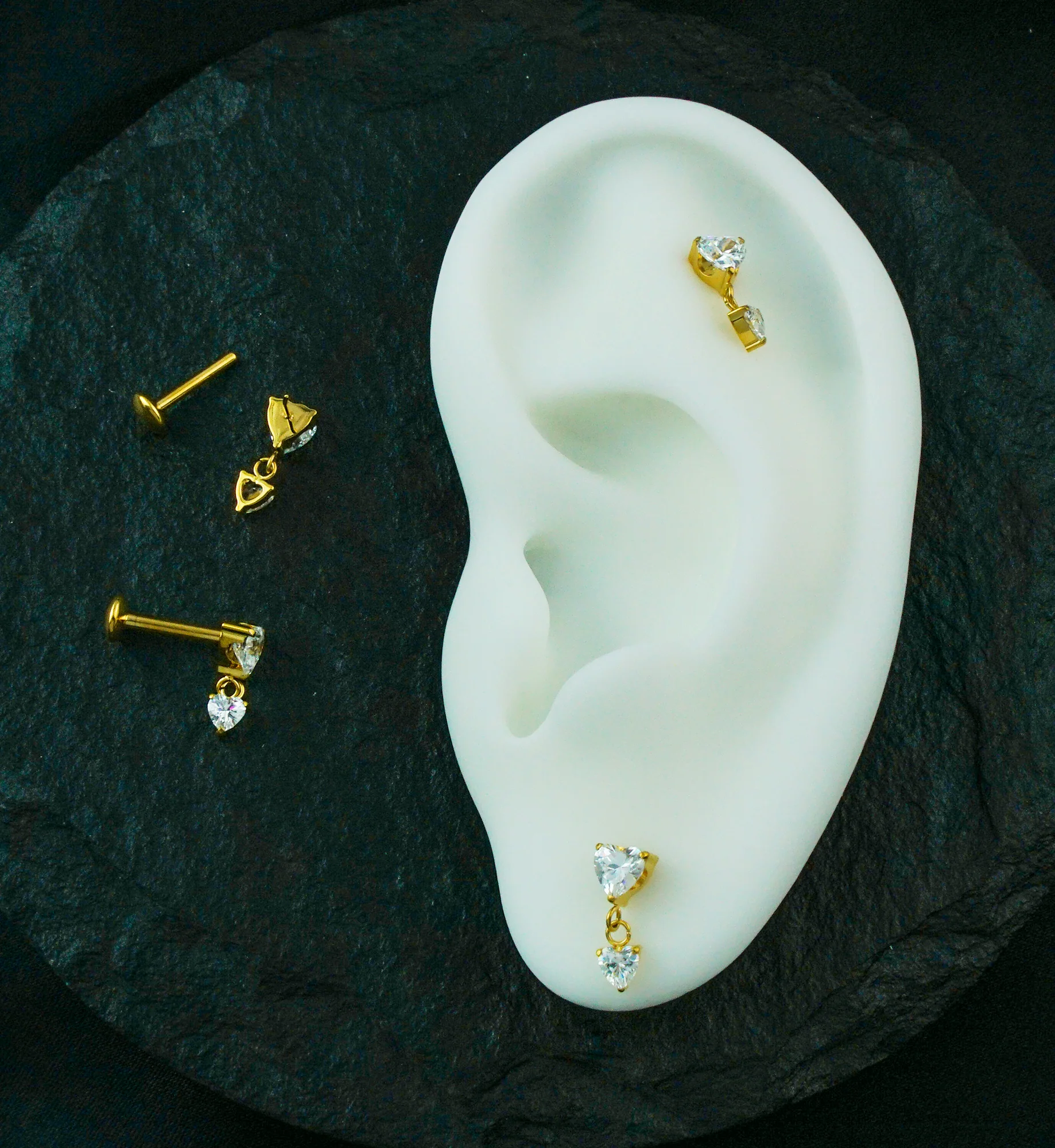 Gold PVD Double Heart Dangle Clear CZ Threadless Titanium Convex Disk Labret - Mrs Treak