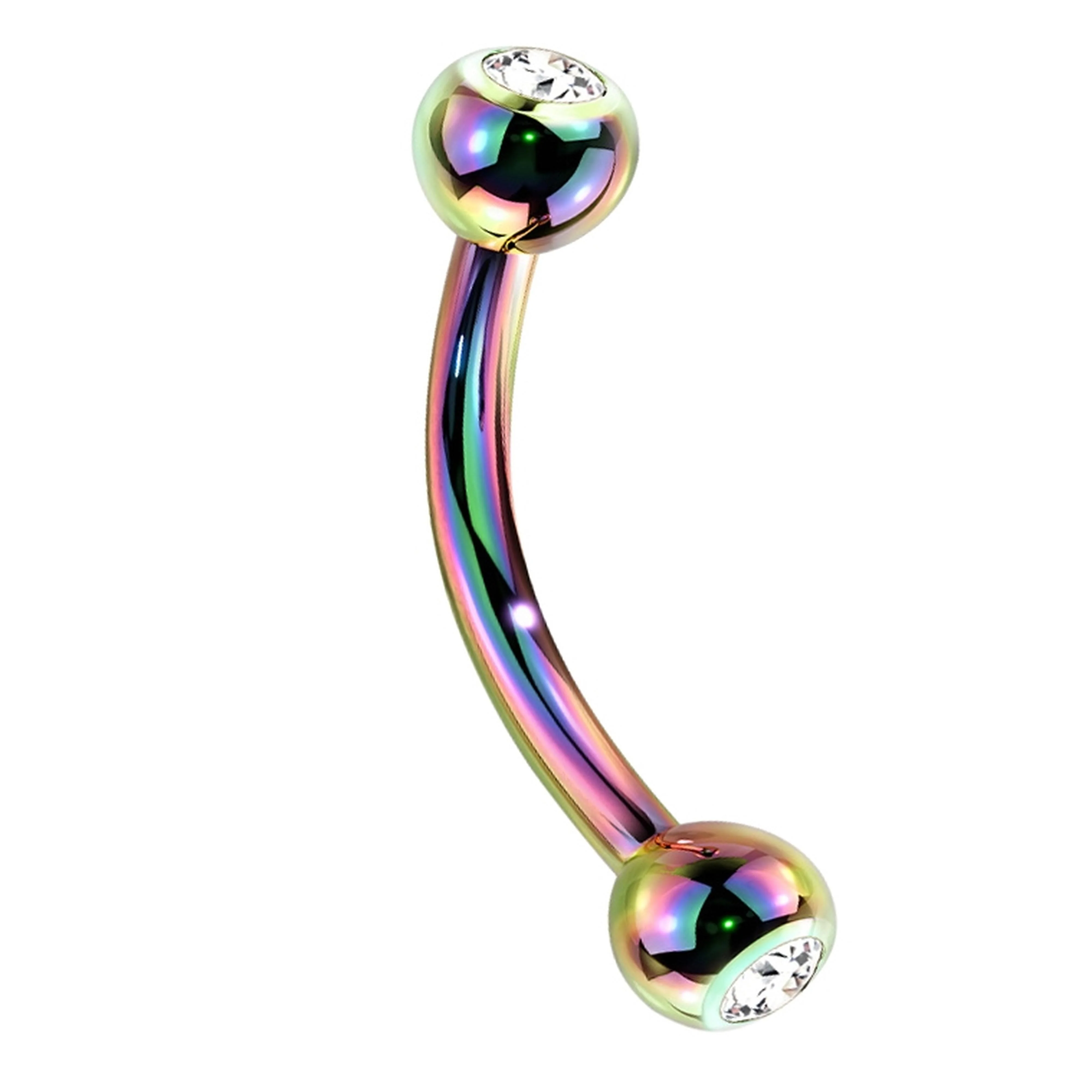 16G Rainbow PVD Titanium Double CZ Curved Barbell (External Threading) - Mrs Treak