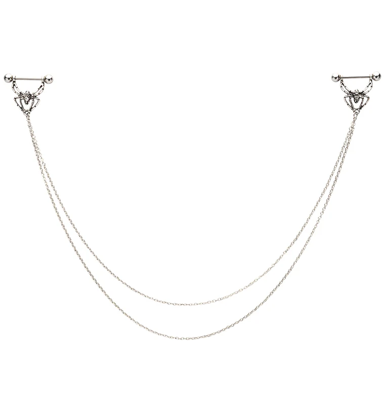 Spider Clear CZ Connecting Chain Nipple Ring Barbell - Mrs Treak
