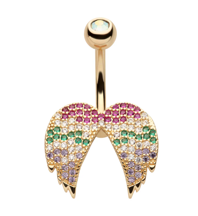 Gold PVD Wings Rainbow CZ Stainless Steel Belly Button Ring - Mrs Treak