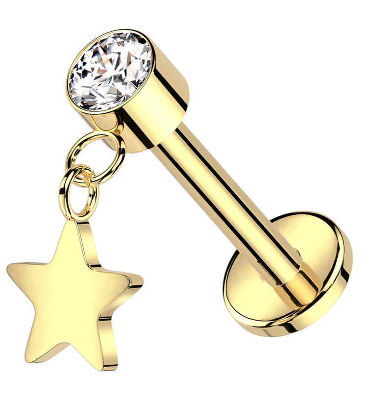 Gold PVD Star Dangle Clear CZ Titanium Threadless Labret - Mrs Treak
